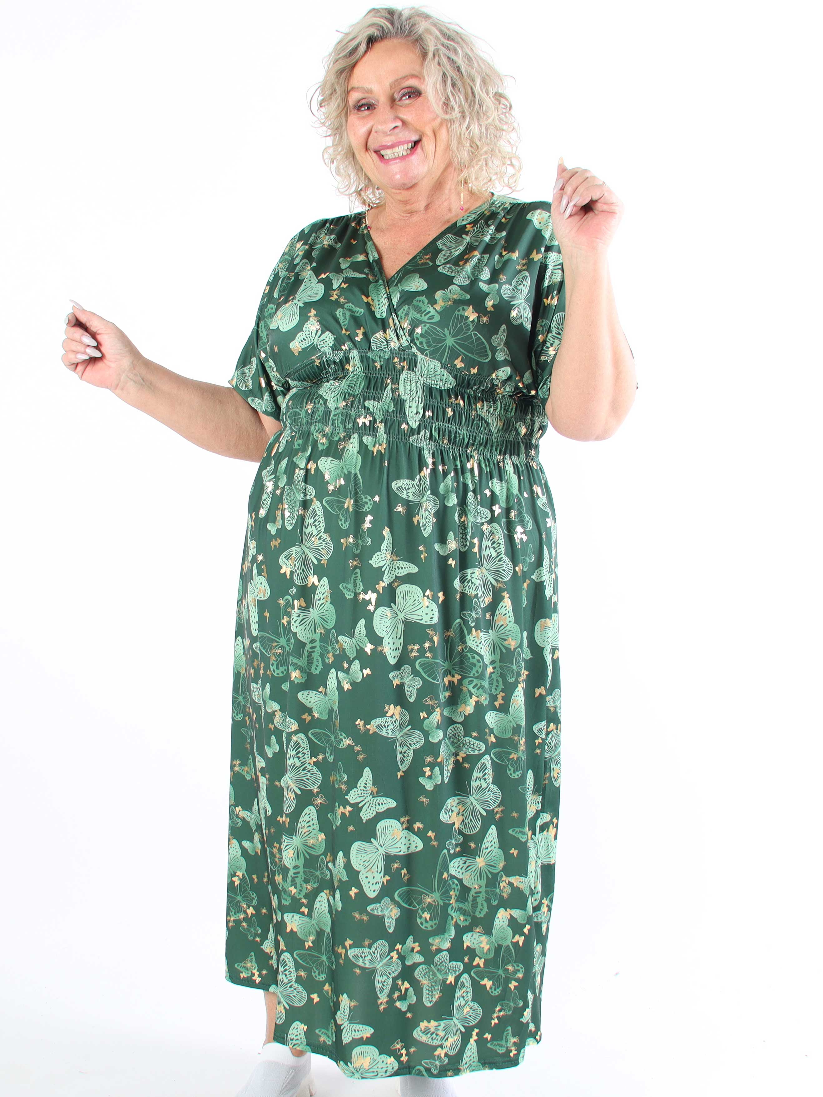 Pams Butterfly - Lang elastisk plus size kjole med smock i livet